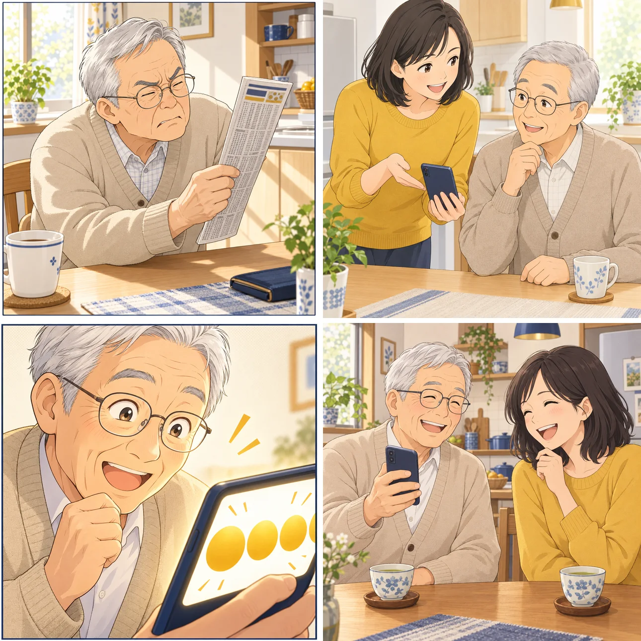 まんが：新聞の細かい数字に目を細めていた男性が、アプリの大きな玉の表示を見て驚き、家族と笑顔になる4コマ