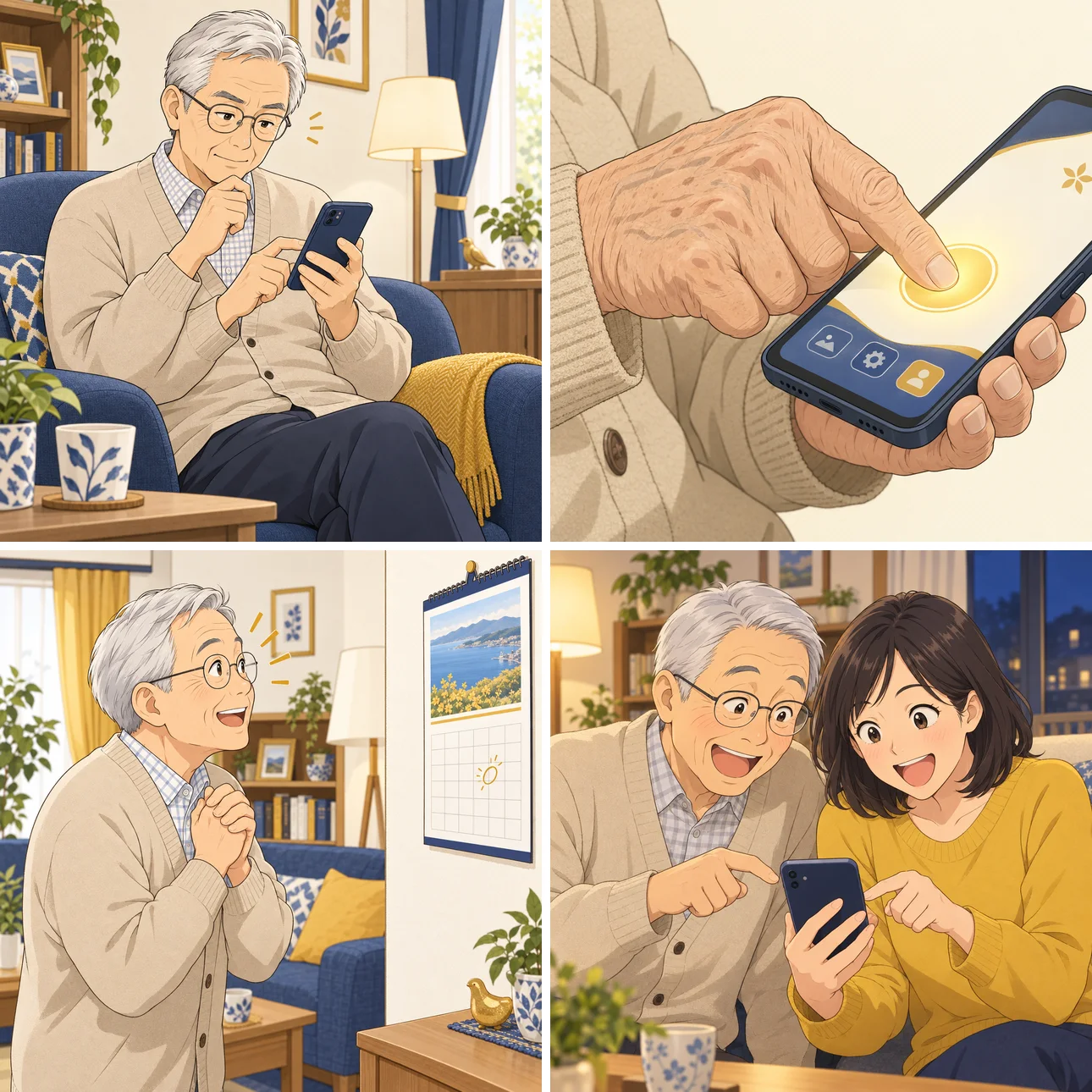 まんが：男性がアプリで予測を記録し、抽せん日を待って、結果を家族と見て盛り上がる4コマ