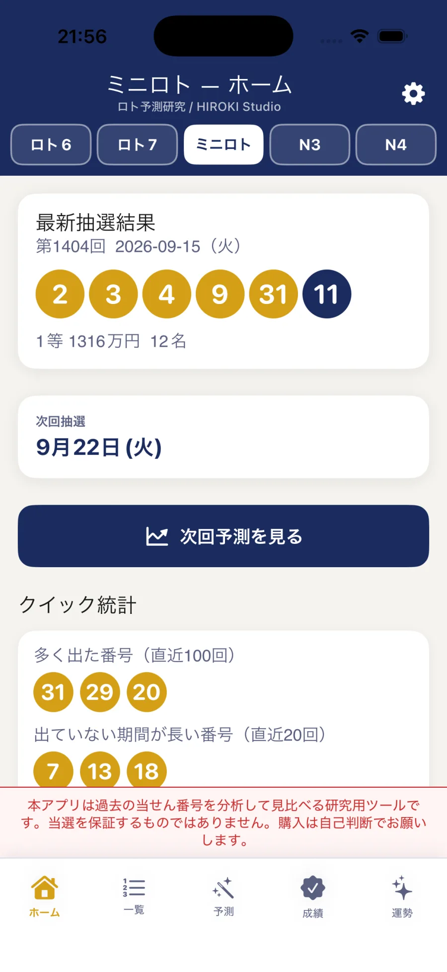ミニロトのホーム画面